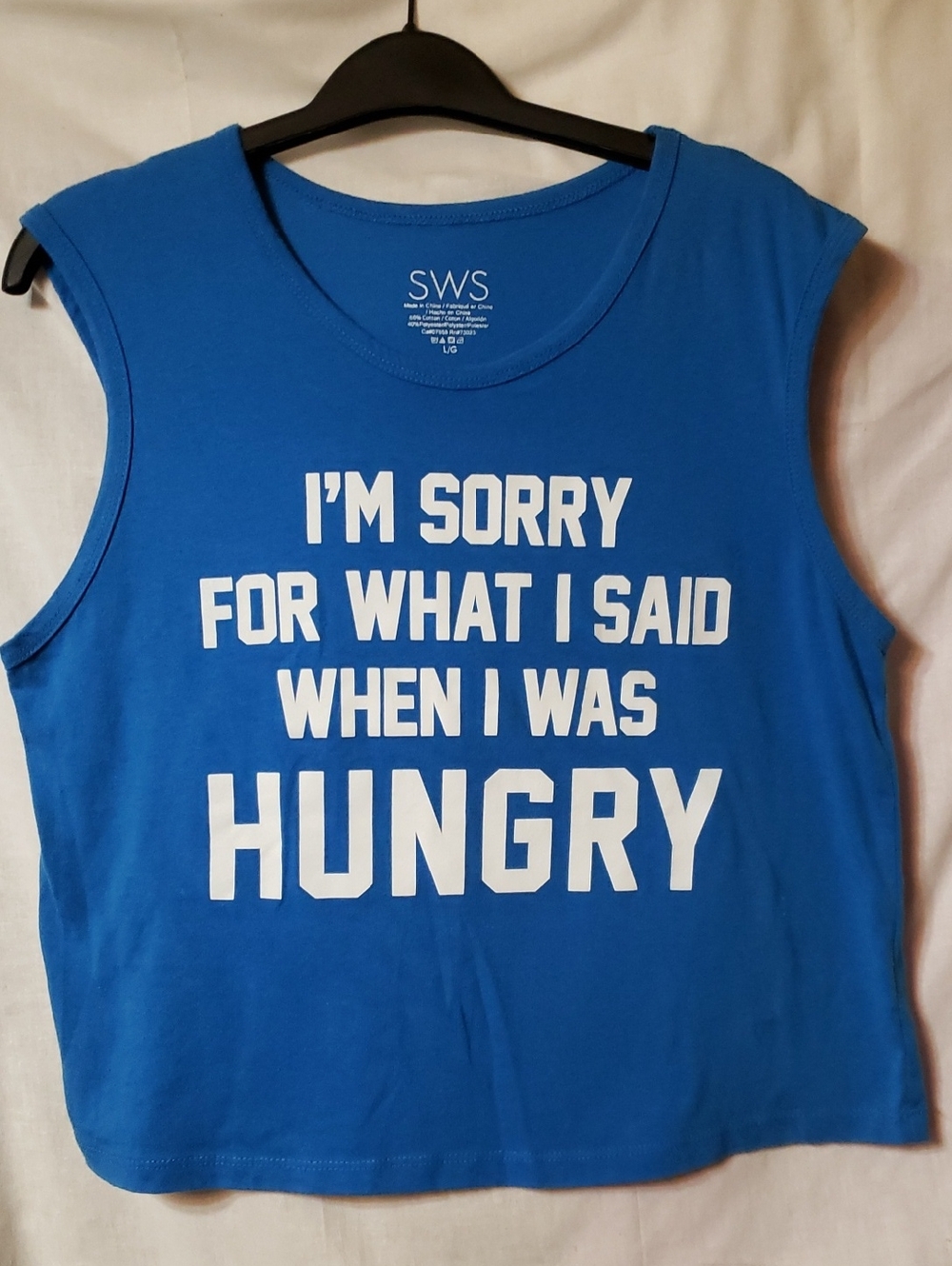 Blue Graphic Muscle Tank with 'I'm Sorry For What I Said When I Was Hungry'